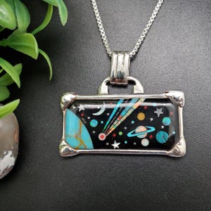 SFH #211 | Multicolor Rectangle Inlay Pendant Option Silver Chain | Sterling Silver Inlay Galaxy Pendant | Universal Earth Moon Star Pendant
