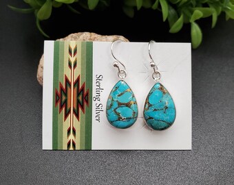 SVE#60 | Blue Copper Turquoise Earrings | Sterling Silver Copper Turquoise Teardrop Earrings | Dainty  Blue Turquoise Southwest Earrings