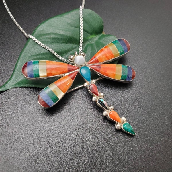 UH#83 Big Multicolor Inlay Dragonfly Necklace Pendant With Silver Chain | Southwestern Sterling Silver Multicolor Dragonfly Pendant and Pin