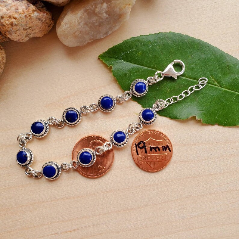 Blue Lapis Link Bracelet 7.25 With 1 Chain Extension 925ForHer Small Blue Lapis Bracelet Link Sterling Silver Bracelet Made in USA