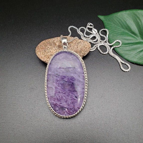 Purple Charoite Pendant Necklace, Includes Rope Chain Sterling Silver Purple Charoite Pendant Necklace, Includes Rope Chain Sterling Silver
