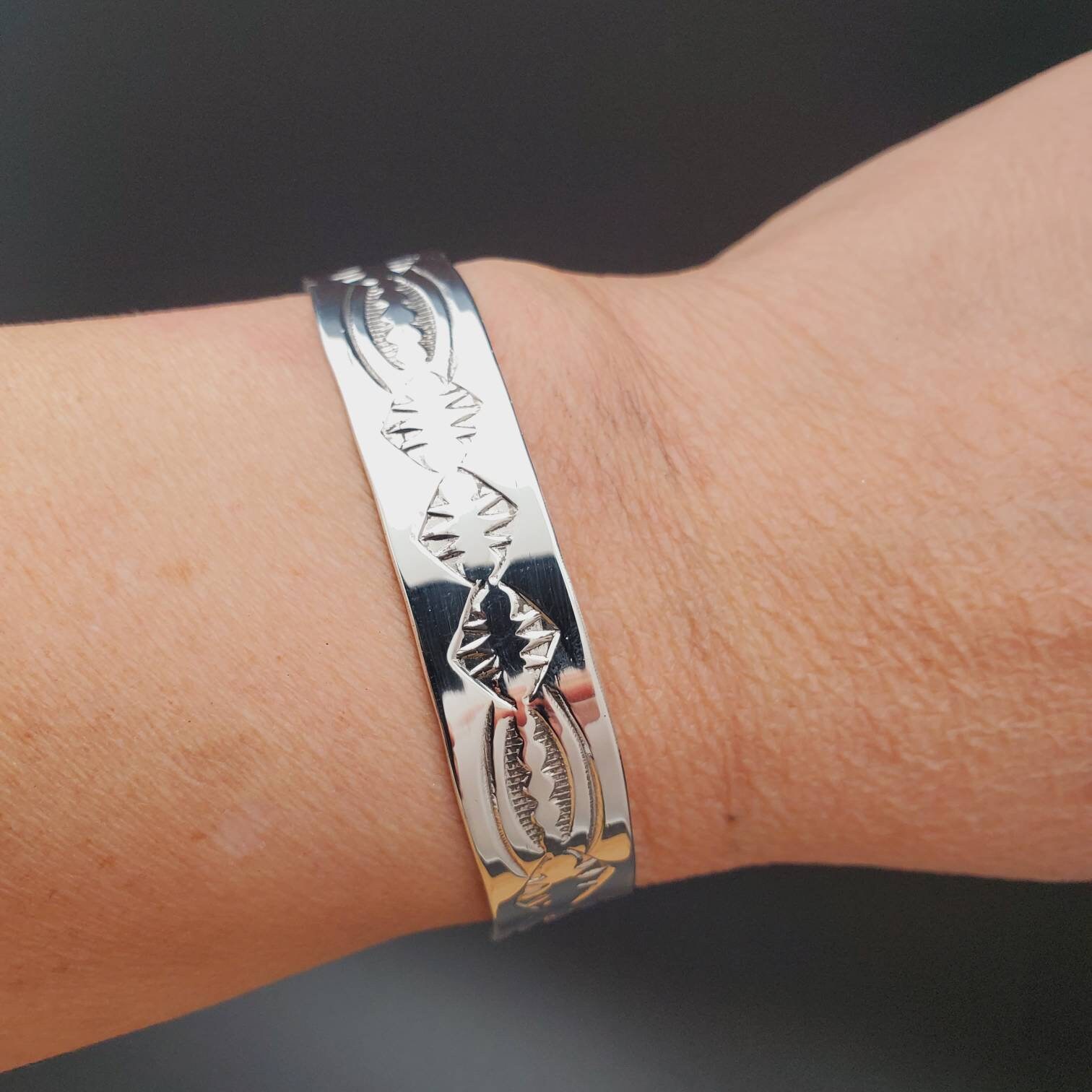 Unisex Cuff Bracelet | Navajo Stamped Silver Bangle Bracelet