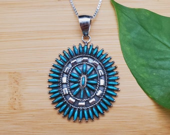 925ForHer Large Zuni Petit Point Turquoise Necklace Pendant With Silver Chain 18" | Sterling Silver Petit Point | Cluster Turquoise Pendant