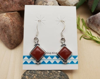 Square Carnelian Dangle Earrings | Healing Carnelian Earrings | Small Southwestern Earrings | Sterling Silver Carnelian Crystal Earrings