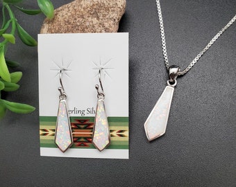 TULU #140 | Dainty Necklace Pendant and Matching Earrings Set | Sterling Silver Inlay White Opal Jewelry | Dainty Simple White Opal Jewelry