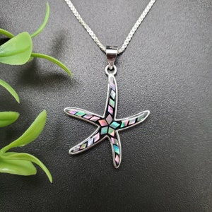 EMV #146 | Inlay Abalone Starfish Necklace Pendant With Silver Chain | Sterling Silver Inlay Abalone Sea Star Necklace | Big Hawaii Starfish