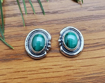 Green Malachite Post Earrings | Malachite Stud Earrings | Sterling Silver Earrings | Green Malachite Southwestern Jewelry | Boho Earrings