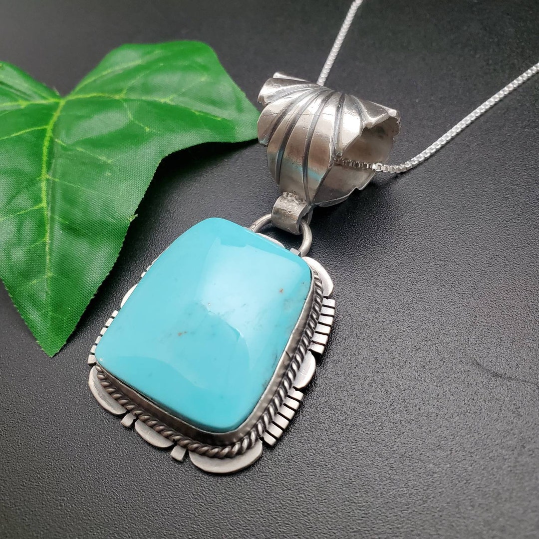 SFH #09 Big Kingman Turquoise Necklace Pendant With Silver Chain ...