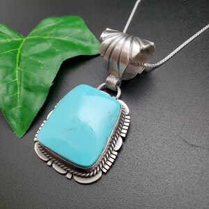 SFH #09 | Big Kingman Turquoise Necklace Pendant With Silver Chain Necklace | Sterling Silver Turquoise Southwest Pendant | Made in USA