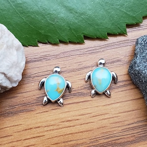925ForHer Sea Turtle Post Earrings | Dainty Turquoise Sea Turtle Stud Earrings | Sterling Silver Turtle Jewelry | Turtle Studs Made in USA