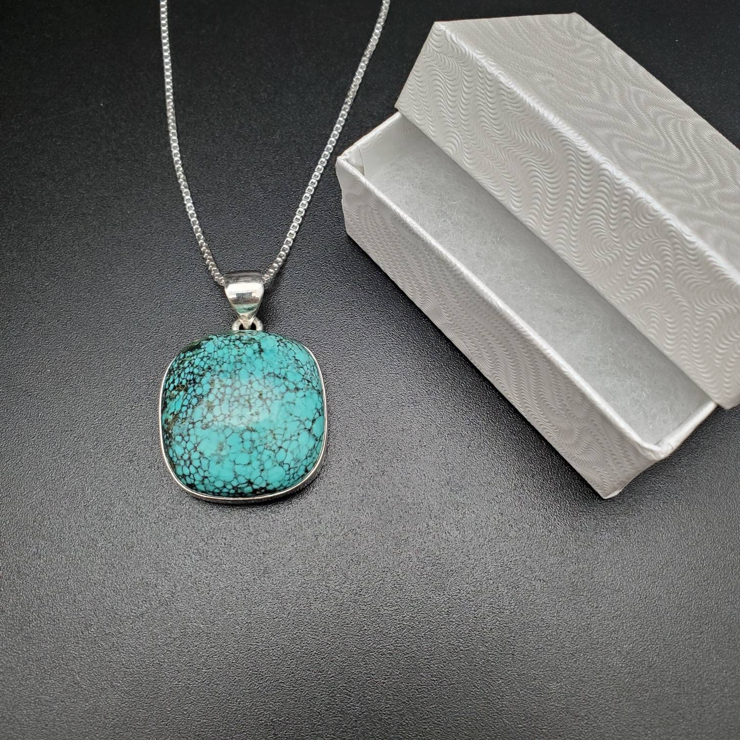 SV#08 Big Turquoise Necklace Pendant With Silver Chain | Sterling