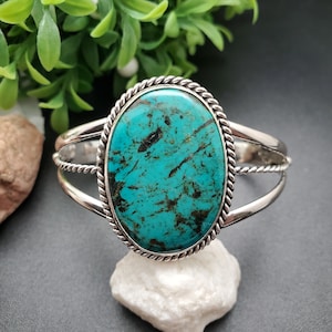 CW-012 | Tibetan Turquoise Bracelet Cuff | Sterling Silver Turquoise Cuff Bracelet | 22x30mm Oval Turquoise Bracelet | Big Cuff Made in USA