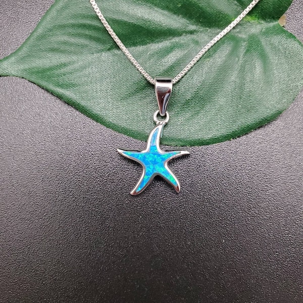 EMV #82 Dainty Blue Opal Starfish Necklace Pendant With Silver Chain Necklace | Sterling Silver Inlay Blue Opal Sea Star Necklace