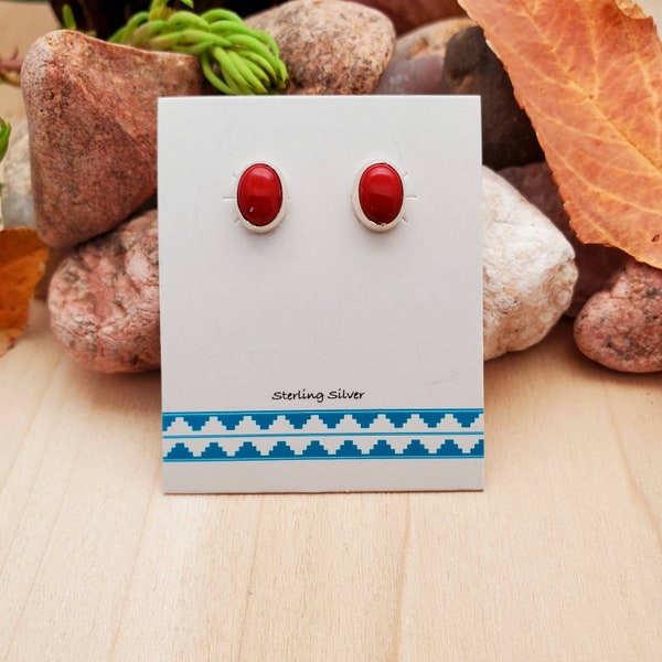 925ForHer Bamboo Red Coral Studs | Dainty Red Coral Oval Post Earrings | Sterling Silver Earrings | Red Coral Stud Earrings | Made in USA