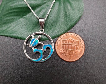 EMV #31 Blue Opal Inlay Sea Turtle Wave Necklace Pendant With Silver Chain | Hawaiian Wave Sea Turtle Pendant | Waving Opal Turtle Jewelry