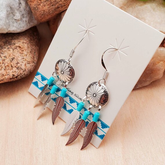 Sterling Silver Concho Earrings With Feathers | Small Silver Earrings | Southwestern Jewelry | Turquoise Southwest Earring | Gift For Her