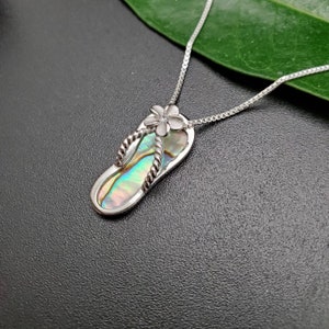 EMV #09 Dainty Abalone Inlay Flip Flop Necklace Pendant With Silver Chain Necklace | Sterling Abalone Shell Flip Flop Pendant | Gift For Her