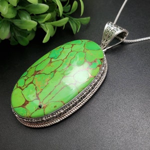PLNT#200 | 46 Grams Unique Copper Green Mohave Turquoise Necklace Pendant With Silver Chain Necklace | Big Sterling Silver Turquoise Pendant