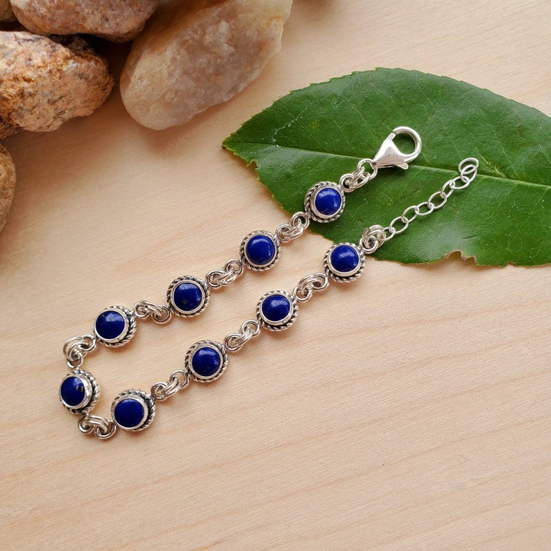 Blue Lapis Link Bracelet 7.25 With 1 Chain Extension 925ForHer Small Blue Lapis Bracelet Link Sterling Silver Bracelet Made in USA