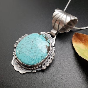 SFH #05 | Big Kingman Turquoise Necklace Pendant With Silver Chain Necklace | Sterling Silver Turquoise Southwest Pendant | Made in USA