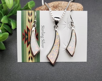 TULU #146 | White Opal Drops Necklace Pendant and Matching Earrings Set | Sterling Silver White Opal Jewelry | Free Shapes Opal Jewelry