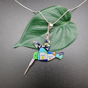 TT#155 | Multicolor Hummingbird Necklace Pendant With Silver Box Chain 18 in | Sterling Silver Hummingbird Necklace | Lovely Bird Pendant