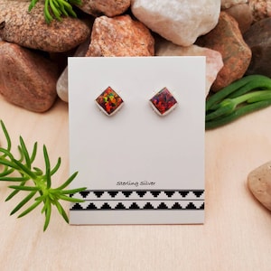 925ForHer 6mm Square Red Opal Studs | Sterling Silver Fire Opal Stud Earrings | Red Opal Jewelry | Dainty Red Opal Earrings Made in USA