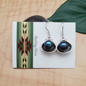 EMV #76 Black Pearl Earrings | Sterling Silver Shell Earrings | Black Pearl Shell Jewelry | Hawaiian Pearl in Shell Earrings | Drop Earrings