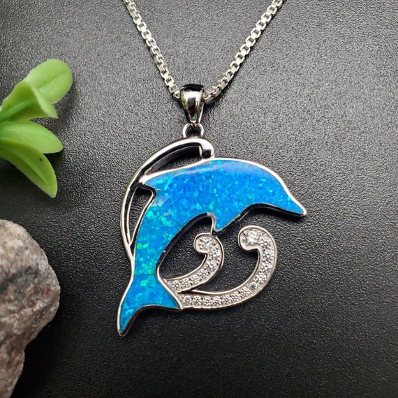TULU #247 | Inlay Blue Opal, CZ Dolphin Necklace Pendant Options