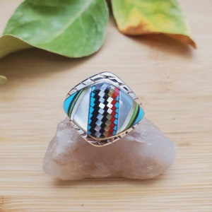 Inlay Ring #436 | Lovely Southwest Ring Size 8 3/4 US | Sterling Silver Inlay Ring | Multicolor Inlay Ring | Pattern Inlay Ring Gift For Her
