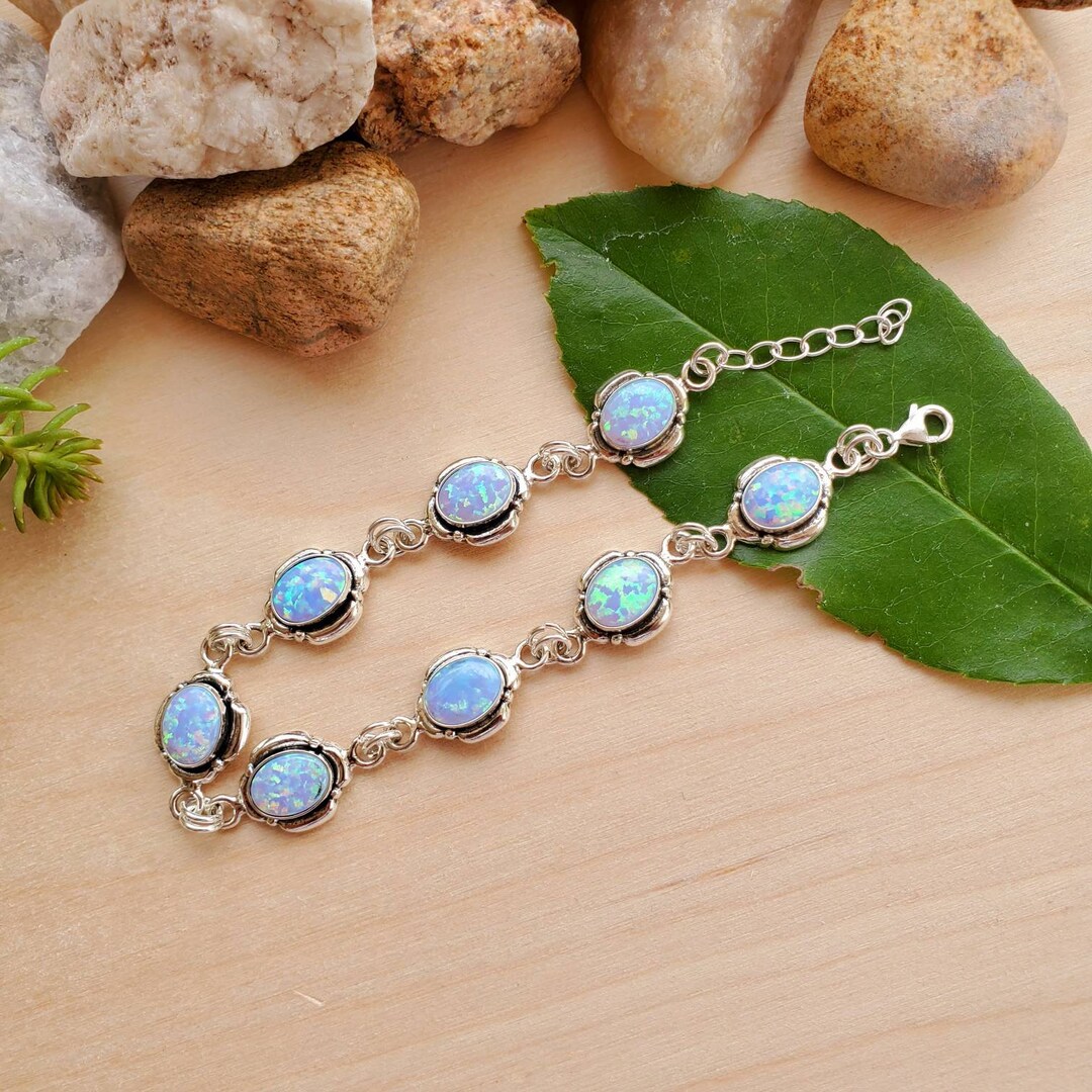 925forher Dainty Blue Opal Bracelet Link Blue Opal Link Etsy