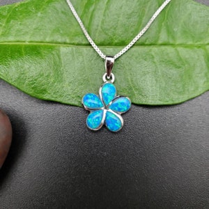 EMV #26 Blue Opal Flower Necklace Pendant With Silver Chain | Hawaiian Blue Flower Pendant | Flower Concho Pendant | Blue Flower Necklace