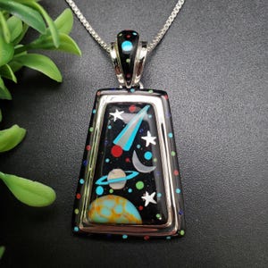 SFH #308 | Galaxy Sky Pendant Option Silver Chain | Sterling Silver Inlay Milky Way Pendant | Universal Earth Moon Star Pendant Gift For Her