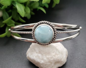 CW-002 | Dainty Larimar Bracelet Cuff | Sterling Silver Larimar Cuff Bracelet | Larimar Gemstone Bracelet Cuff | Silver Blue Larimar Jewelry