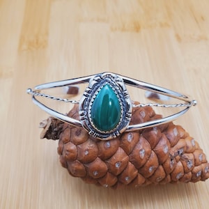 Lovely Green Malachite Bracelet Cuff | Teardrop Malachite Cuff Bracelet | Sterling Silver Malachite Simple Bracelet | Southwestern Jewelry