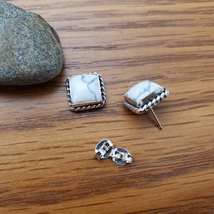 925ForHer 8mm Square White Turquoise Post Earrings | White Buffalo Turquoise Stud Earrings | Sterling Silver Post Earrings | Turquoise Studs