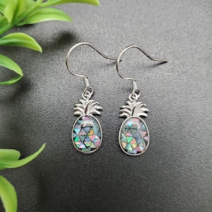 EMV #143 / Dainty Inlay Abalone Pineapple Earrings / Sterling Silver Abalone Inlay Pineapple Dangle Earrings / Lovely Hawaii Fruit Jewelry