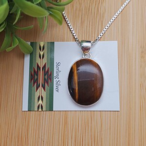 SVP#06 | Big Simple Tiger Eye Necklace Pendant With Silver Chain | Sterling Silver Tigereye Pendant Necklace | Silver Brown Tigereye Jewelry