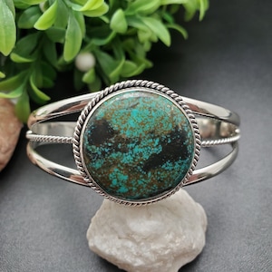 CW-011 | Tibetan Turquoise Bracelet Cuff | Sterling Silver Turquoise Cuff Bracelet | 25mm Round Turquoise Bracelet | Simple Cuff Made in USA