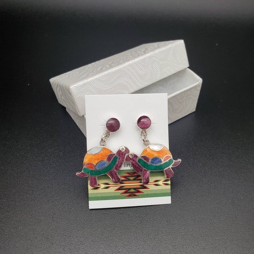 UH#67 Multicolor Pattern shops Inlay Turtle Earrings | Inlay Multicolor Turtle Post Earrings | Inlay Southwestern Earrings | Color Turtle Earrings