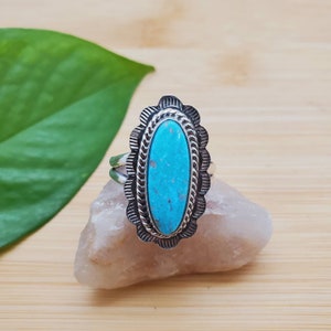 RR-10 | Sterling Silver Turquoise Ring Size 8 1/4 US | Turquoise Southwest Ring | Silver Ring | Dainty Blue Stone Statement Ring For Her