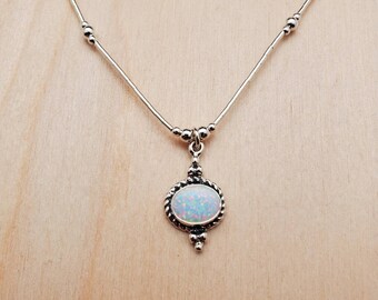 925ForHer White Opal Pendant Necklace With Liquid Silver 16" |  Sterling Silver Opal Necklace | Fire Opal Pendant With Liquid Silver Chain