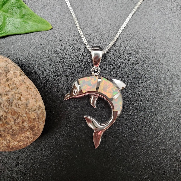 EMV #21 Dainty White Opal Inlay Dolphin Necklace Pendant With Silver Chain Necklace | Sterling Silver Opal Fish Pendant | Sea Life Jewelry