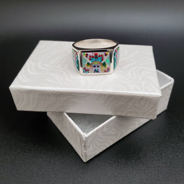 TT #R319 | Lovely Micro Inlay Southwest Ring Size 10 1/2 | Sterling Silver Multicolor Inlay Ring | Unique Designed Pattern Opal Inlay Ring