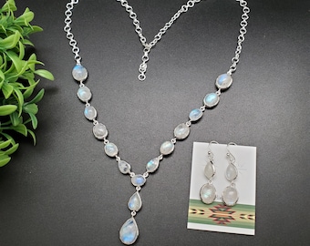 PLNT#344 | Unique Rainbow Moonstone Necklace Adjustable 14 To 19 Inches And Earrings Set | Sterling Silver Rainbow Moonstone Jewelry Set