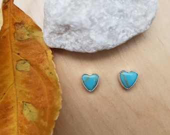 Puede incluir: Un par de pendientes de plata en forma de corazón con piedras turquesa. Las piedras tienen un patrón de mármol azul y verde.