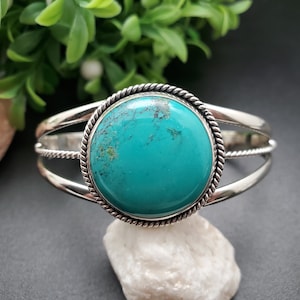 CW-009 | Blue Turquoise Bracelet Cuff | Sterling Silver Turquoise Cuff Bracelet | 25mm Round Turquoise Bracelet | Simple Cuff Made in USA