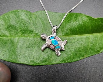 EMV #28 Multicolor Opal Inlay Sea Turtle Necklace Pendant With Silver Chain | Hawaiian Colorful Sea Turtle Pendant | Dainty Turtle Jewelry