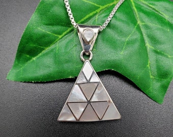 UH#13 Inlaid Mother of Pearl Necklace Pendant With Silver Chain | Southwestern Sterling Silver White Shell Pendant | White Triangle Necklace