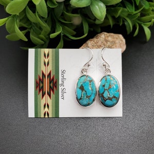SVE#57 | Copper Blue Turquoise Earrings | Sterling Silver Copper Turquoise Earrings | Dainty Oval Shape Blue Turquoise Southwest Earrings